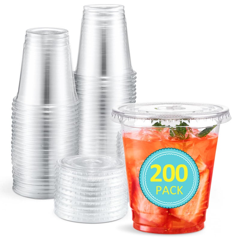 Eupako 200 Sets 8 OZ Plastic Cups with Lids 8 Ounce Clear Disposable Cups with Lids Cold Drink Containers for Beverage Parfait Smoothie Milkshake Juice